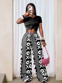 BamGleam Quần ống rộng xoắn in họa tiết thường ngày dành cho nữ - màu đen - Xem 7