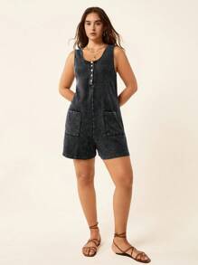 Freevana 休闲水洗面料音乐节春夏基本款连体裤，带口袋休闲连体衣，带口袋女式连体衣，女式短款连体裤，复古老钱风格女式街头服饰，秋季服装，返校季卡哇伊街头服饰，女式复古服装，垃圾摇滚基本款科技风服装，基本款运动服，背心 - 灰色 - 查看 7