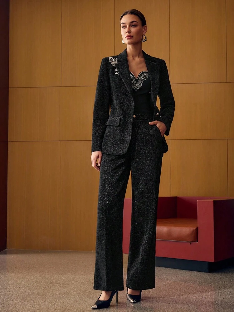 CORD GLITTER PLANTS EMBROIDERY LAPEL COLLAR BLAZER