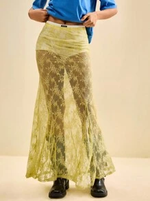 SHEIN Unity 2025 Autumn New Lace Mermaid Hem Casual Y2K Retro Country Music Festival Vintage Street Style Office Date Party Outing Airport Back To School Skirt For Women, Autumn/Winter - Yellow - View 2