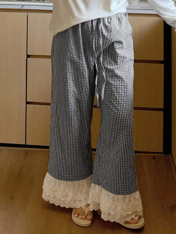 Dazy Plus Plus Size Women Plaid Contrast Lace Elastic Waist Casual Lounge Pants