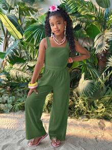 SHEIN Tween Girl 纯色短款吊带背心和阔腿裤两件套 - 橄欖綠 - 查看 3