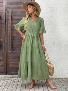 EMERY ROSE Women's Solid Color Minimalist Casual Mid-Length Dress, Short Sleeve Green Maxi Dress Casual Maxi Dress Short Sleeve Maxi Dress Women Summer Dress Vacation Dress Fall Clothes,Casual Dresses For Women Chic Dress - Green - View 4