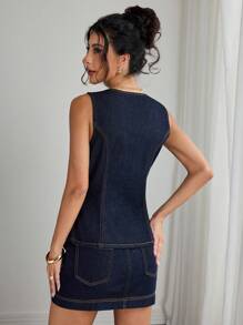 Elenzga Women's Ruffled Collar Sleeveless Washed Denim Blouse ,Casual Elegant Lady - Dark Wash - View 2