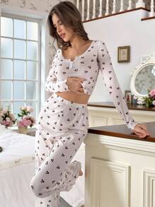 CottageSlumber Cherry Print Half-Buttoned Long Sleeve Top And Pants Pajama Set Holiday Season Bountiful Floral Splendor, Fall Winter Clothes Cozy And Elegant Details - Apricot - View 5