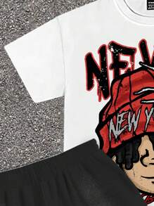 SHEIN 青少年男童秋季新款休闲风涂鸦手绘星星图案英文字母运动街头风Y2K短袖圆领两件套，适合夏季 - 彩色 - 查看 4