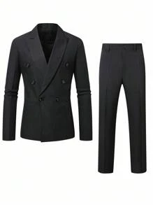 Manfinity Mode Men's Double-Breasted Lapel Neck Long Sleeve Business Formal Suit Set - Black - View 5
