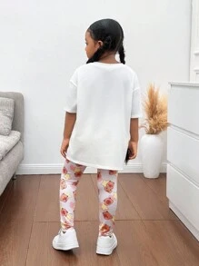年轻女孩休闲针织圆领短袖上衣和裤子套装，卡其色小熊图案 - 卡其色 - 查看 4