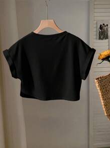 SHEIN EZwear Camiseta de manga corta de ajuste holgado con cuello redondo y estampado de cerezas, versátil e informal, adecuada para el verano, las vacaciones, la playa, las escapadas primaverales y los viajes entre chicas