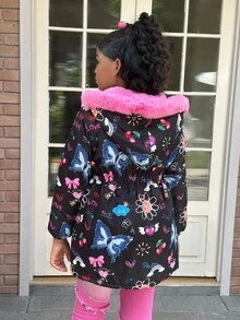 SHEIN Chaqueta acolchada de algodón con capucha, de forro polar, con estampado de grafiti, cintura con cordón y bolsillos cargo, versátil y casual para uso diario y escolar, para niñas preadolescentes, gruesa y cálida