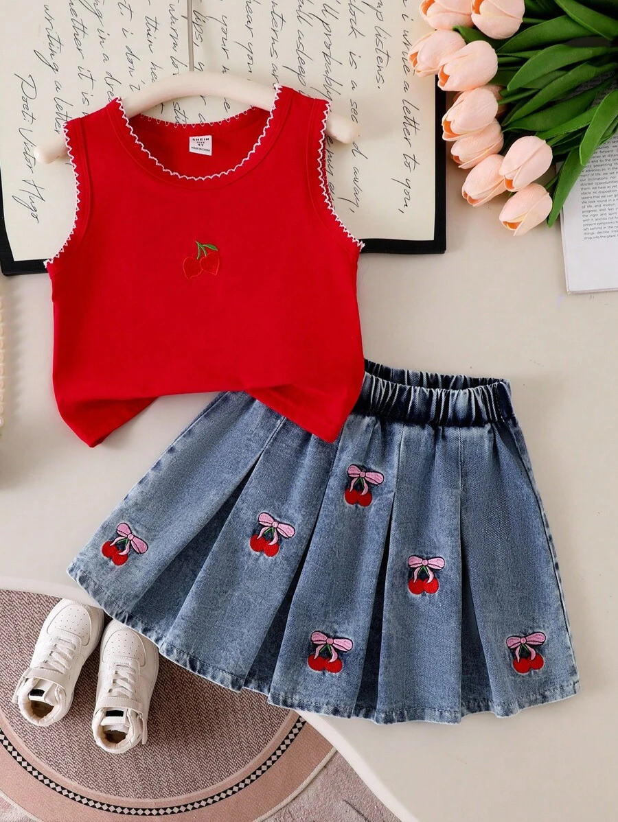 Genkimix Kids 2pcs Young Girls Cute Round Neck Knitted Cherry Embroidered Sleeveless Top And Denim Pleated Embroidered Denim Skirt Set, Sweet And Lovely Summer Outfit Cherry Kids Outfit Girls Skirts Sets Denim Sets For Girls Children S Jeans Skirt Set Kids Skirt And Top Fall Winter - Red - View 1