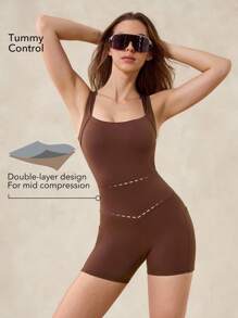 OutZeal Cool Touch Soft Full Underarm Square Neck Jumpsuit Removable Cups Low Impact Cycling Pilates Gym - Coffee Brown - View 2
