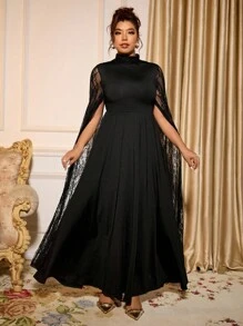 Cravure 永不过时：哥特式预科风，融入星期三的韵味。拥抱你内心的阴影，展现暗黑女性时尚。大码女式奢华派对宴会，优雅别致的设计，高端感修身披肩，超长袖蕾丝开衩，黑色高领长裙 - 黑色 - 查看 1