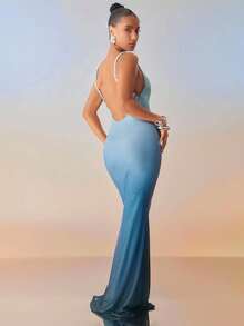 Hauture Đầm Maxi hở lưng trễ vai đuôi cá Ombre gợi cảm cho đêm nghỉ hè của phụ nữ - Màu xanh lam - Xem 1