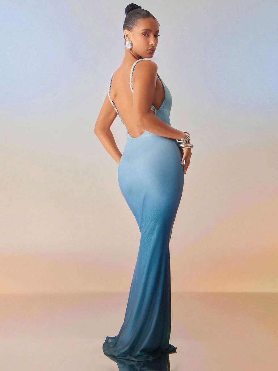 Hauture Đầm Maxi hở lưng trễ vai đuôi cá Ombre gợi cảm cho đêm nghỉ hè của phụ nữ - Màu xanh lam - Xem 1