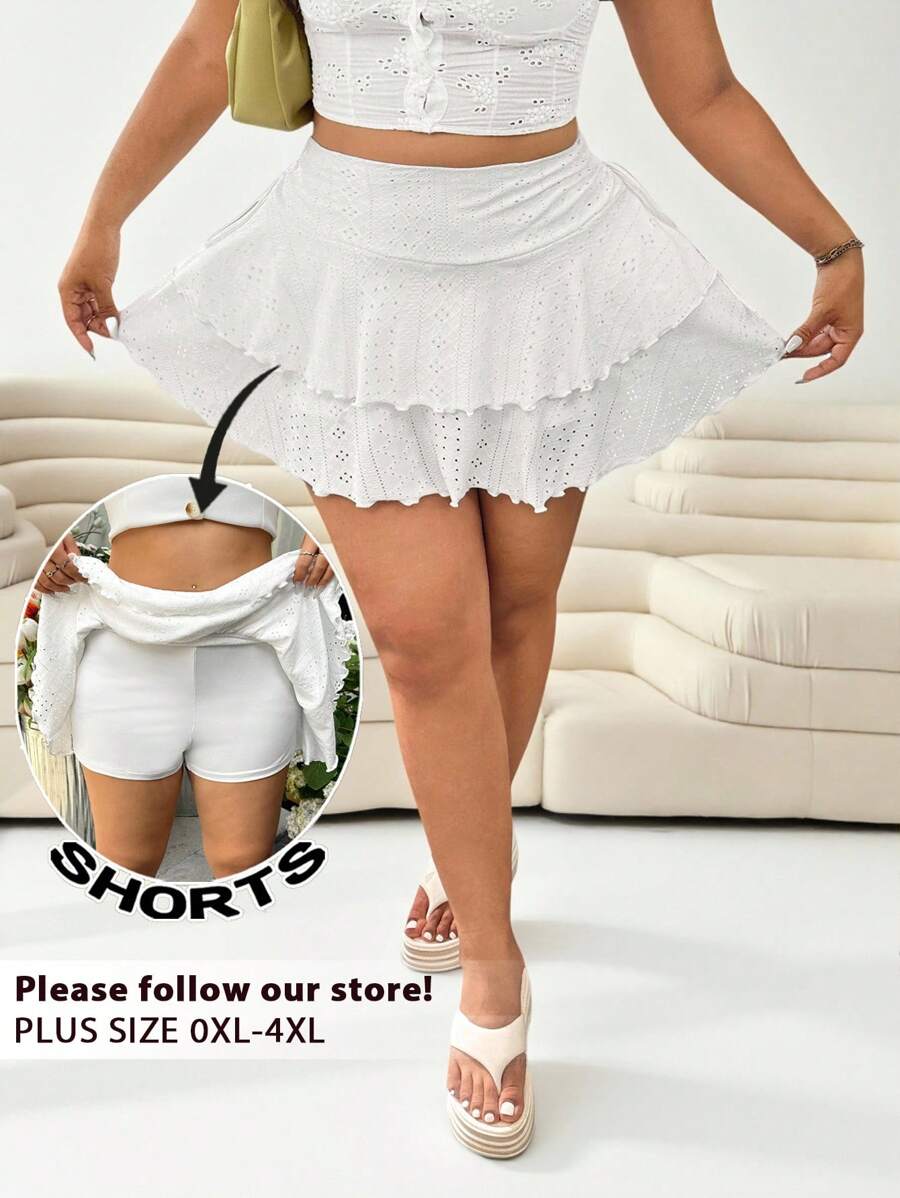 SHEIN EZwear 大码女式蕾丝花边荷叶边短裙，白色镂空提花面料 - 白色 - 查看 1