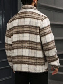 Manfinity Homme Herren karierter Locker Sitzende Lässig Jacke mit Langarm und Tasche, Herren Shacket Karojakke, Herren Sweatjacke, Karohemd für Herren, gestreifter Herren Shacket