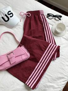Comfortcana 女士松紧腰休闲宽松条纹运动裤 - 酒紅色 - 查看 5
