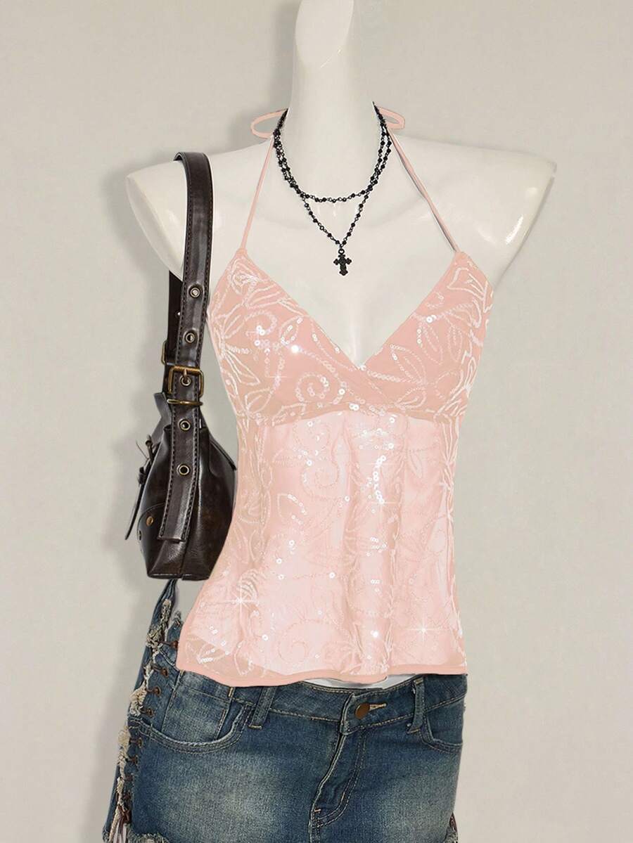 SHEIN ICON 女士 Y2K 性感花朵蕾丝露背吊带背心 - 粉色 - 查看 1