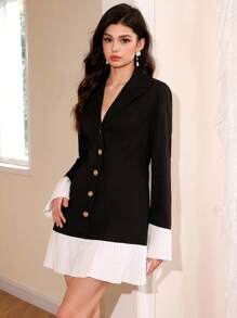 SHEIN MOD Robe longue élégante à manches longues avec volant à l'ourlet de couleur unie - Noir - Voir 10