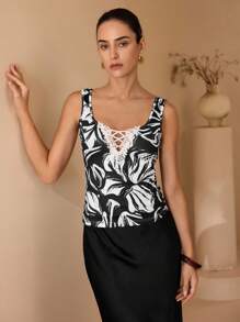 Shutterstock Glamance Women's Lace Detail Black & White Print Fitted Camisole Lace Up Top Tops For Women Elegant Criss Cross Top Flowy Top Casual - Black and White - View 7
