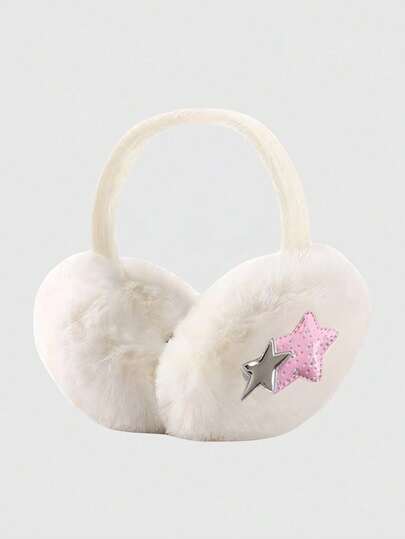 Anime 1pc White Kawaii Cute Star Decor Foldable Warm Plush Earmuffs, Fashionable Minimalist Personalized College Style Ear Warmers, Suitable For Daily Wear