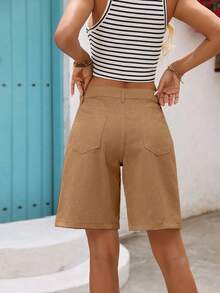 SHEIN LUNE Celana Jeans Denim Wanita Model Longgar, Lebar, Kasual, Serbaguna, Panjang Selutut dengan Kantong. - Khaki - View 2