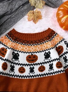Elamini Women's Halloween Pumpkin & Cat Graphic Crew Neck Long Sleeve Knit Sweater Pumpkin Sweater Halloween Clothes Fall Winter Cloth For Women - Multicolor - View 3