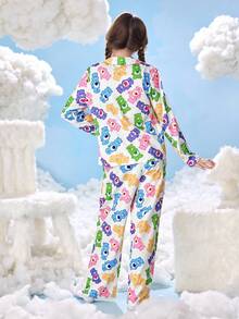 SHEIN X Care Bears 2pcs Tween Girl Cute All-Over Bear Print Button-Up Long Sleeve Shirt And Loose Knit Pants Pajama Set , Spring/Autumn - White - View 2
