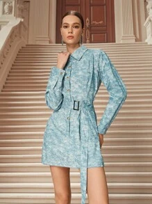 SHEIN Unity Autumn Elegant Light Blue Floral Imitation Denim PU Short Dress With Fitted Waist And Belt,Tea Party Business Casual Teacher Back To School Outfits - Baby Blue - View 3
