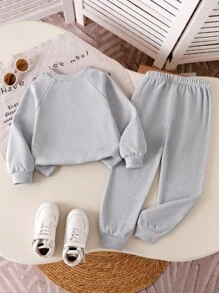SHEIN Genkimix Kids 2pcs Girls Casual Set, Includes Solid Color Raglan Sleeve Sweatshirt And Knit Pants, Toddler Kids Sweat Set Kids Jogger Sets Boy 2 Piece Sets 2 Pcs Kids Sets Sweatshirt Set For Girl Fall Winter