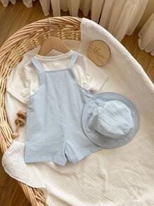 2 件套男婴/女婴夏季蓝白条纹背带裤短裤和渔夫帽套装，适合居家、郊游、海滩休闲装 - 藍白色 - 查看 2