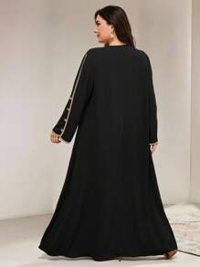 Veilorie 休闲宽松优雅长袖拼色大码女式阿拉伯连衣裙 - 黑色 - 查看 3
