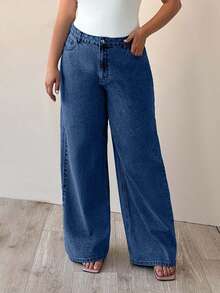 EURMUSE 100% 纯棉高腰阔腿大码牛仔裤 - 深色水洗藍 - 查看 4