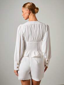 COSMINA Elegancka koszula damska z marszczeniami w talii, jesień/zima, biała, elegancka bluzka damska - Biały - Zobacz 2