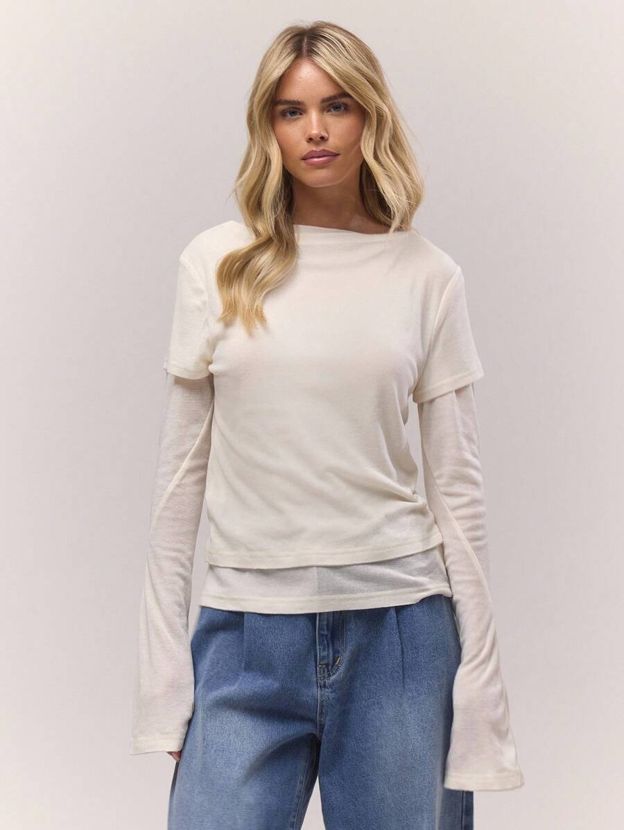 MUSERA 双层印花长袖上衣，酷女孩舒适可爱户外探险春夏假日必备 - 杏色 - 查看 1