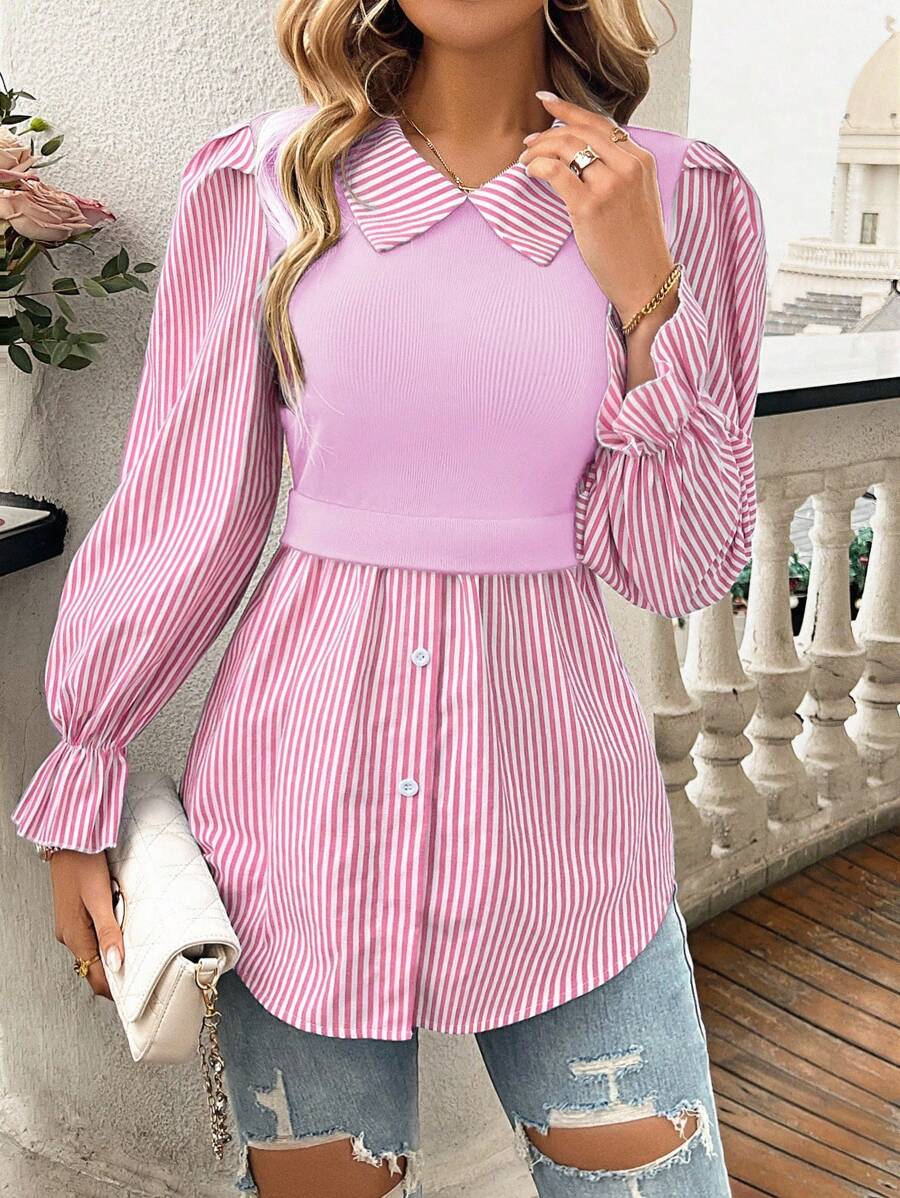 EMERY ROSE Women Striped Long Sleeve Casual Top, 2 In 1 Fall Cloth For Women - Mauve Purple - View 1