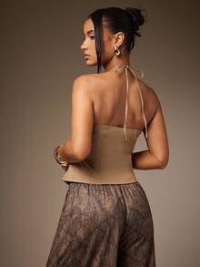 Hauture Women's Sexy Casual Solid Color Front Lace-Up Front Tie Camisole Top For Summer - Khaki - View 2