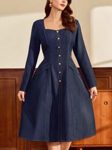 Vintamour Robe élégante vintage pour femme avec poches et boutons. Robe décontractée pour vacances, rentrée scolaire, tenues d'automne pour femmes, tenues d'enseignante, robes d'anniversaire pour femmes, vêtements de rentrée scolaire pour femmes, robes élégantes d'anniversaire pour femmes, tenues d'hiver pour femmes, tenues de bureau pour femmes, vêtements de travail occidentaux pour femmes, tenues de concert pour femmes, tenues de festival pour femmes - Bleu azur - Voir 6