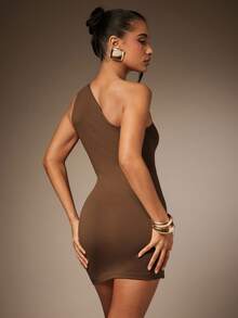 Hauture Sexy Summer Casual Solid One Shoulder Bodycon Mini Dress With Double Ornament Cut Out Detail - Coffee - View 5