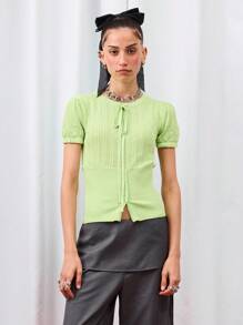 COUREZ Puff Sleeve Front Tie Knit Top /Y2K  Women Clothes  Clothes Cute Tops  Tops Going Out Tops Tie Front Top - Yellow - View 5