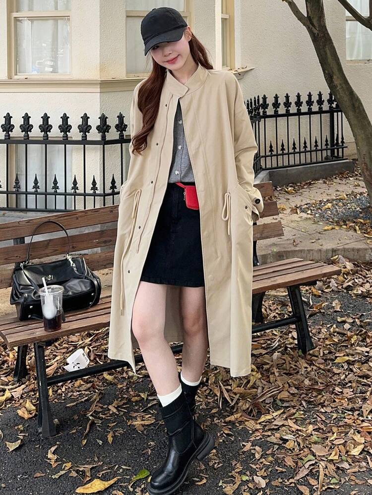 Women's Solid Color Korean Style Casual Long Sleeve Windbreaker Jacket, Suitable For Spring And Autumn Women Coats