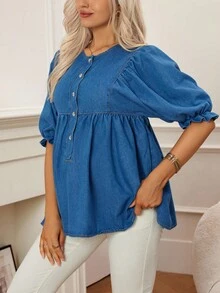 SHEIN Maternity Casual Commuter Puff Sleeve Denim Blouse