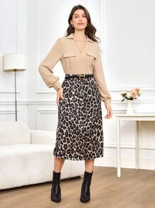 Miaspire Fall/Winter Shirt Top And Skirt 2 Pieces Set, Satin Leopard Print Skirt Elegant 2 Pieces Set, Women's Exquisite Leopard Print 2 Pieces Outfit