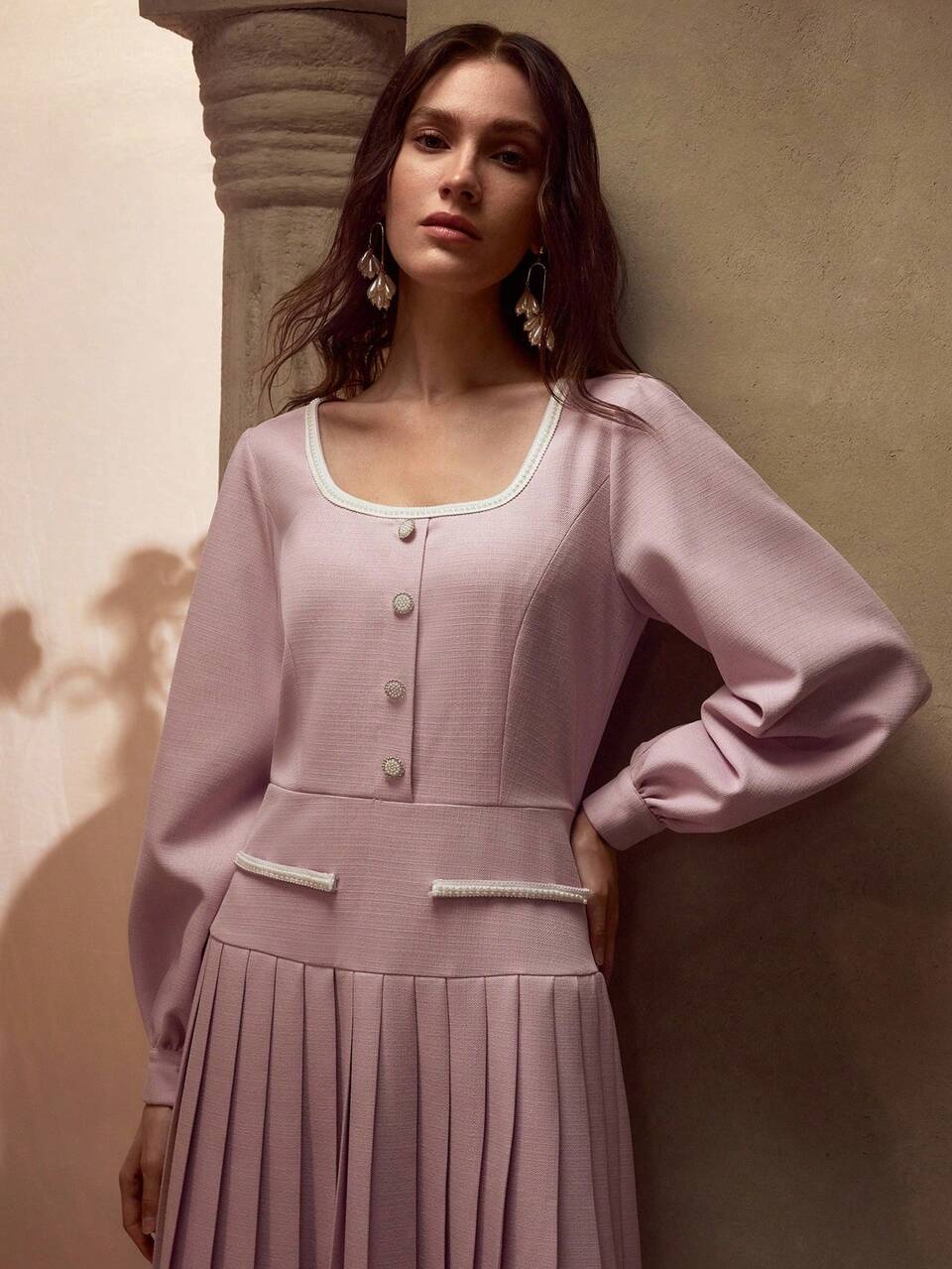SQUARE NECK CONTRAST TRIM LANTERN SLEEVE PLEATED HEM DRESS