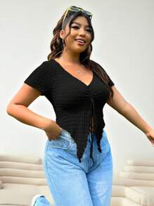 SHEIN EZwear Plus Drawstring Front Lettuce Trim Asymmetrical Hem Tee - Black - View 3