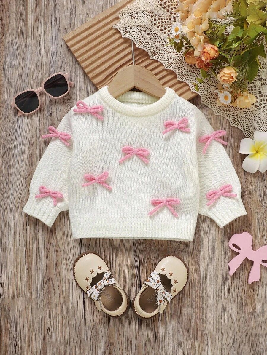 1pc Baby Girl Ivory Knitted Sweater With 3D Bow Decor, Round Neck Long Sleeve Cute Pullover Top, Fashion Baby Girl Sweater Newborn Sweater Baby Knitwear Bow Sweater Baby Girl Jumper Bow Baby Baby Girl Pink Bow White Sweater Fall Winter For Autumn Winter Baby Autumn Sweater Baby Girls Winter Clothes Baby Girls Fall Clothes Baby Girl Fall Outfits - White - View 1