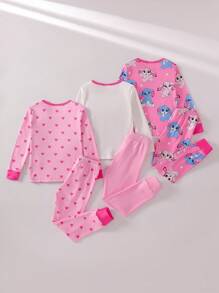 SHEIN GraphicGems 3 件套女童睡衣套装，可爱海洋生物全身印花舒适圆领长袖上衣和长裤，睡衣套装 - 彩色 - 查看 2