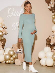 Loomaby Elegant Solid Color Slim Fit Maxi Knit Dress For Pregnant Women,Gender Reveal Dress,Maternity Dress,Baby Shower Dress