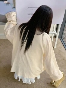 Dazy Plus Áo sơ mi vàng cỡ lớn dành cho nữ có cổ, tay rộng, họa tiết ren và sọc tương phản, áo dài tay mùa thu - Màu vàng - Xem 2